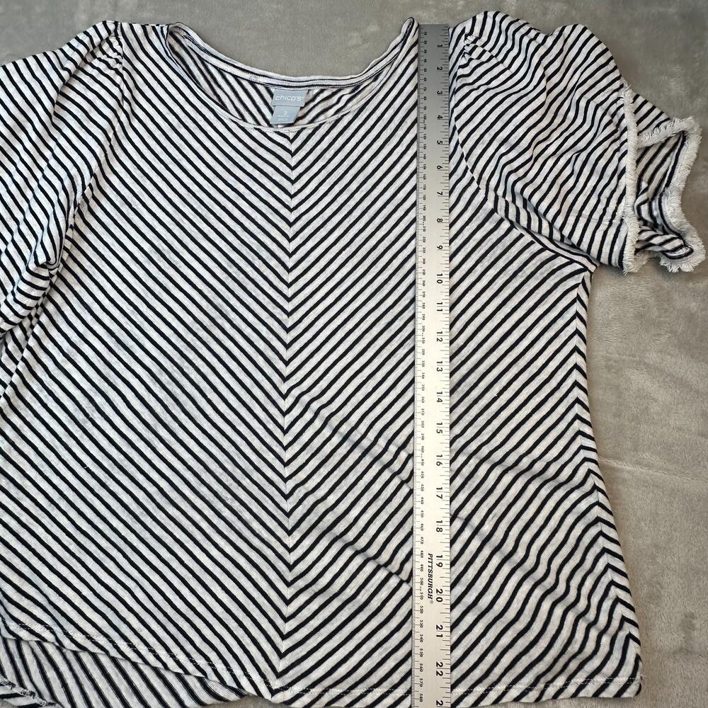 Chicos Women's Linen‎ Short Sleeve Top Nautical Navy White Stripe Fringed Size 2 - Picture 11 of 16